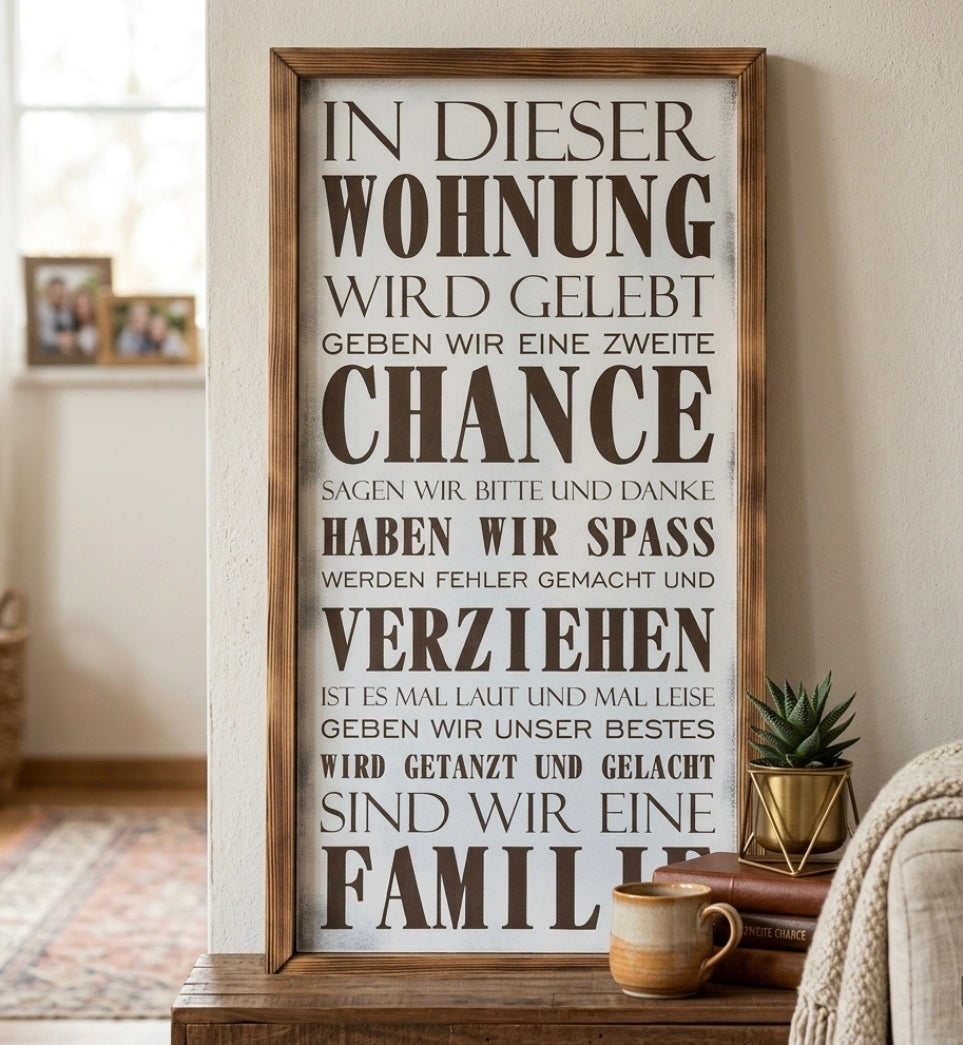 Holzschild mit Rahmen „Familienregeln“ (64x34 cm)