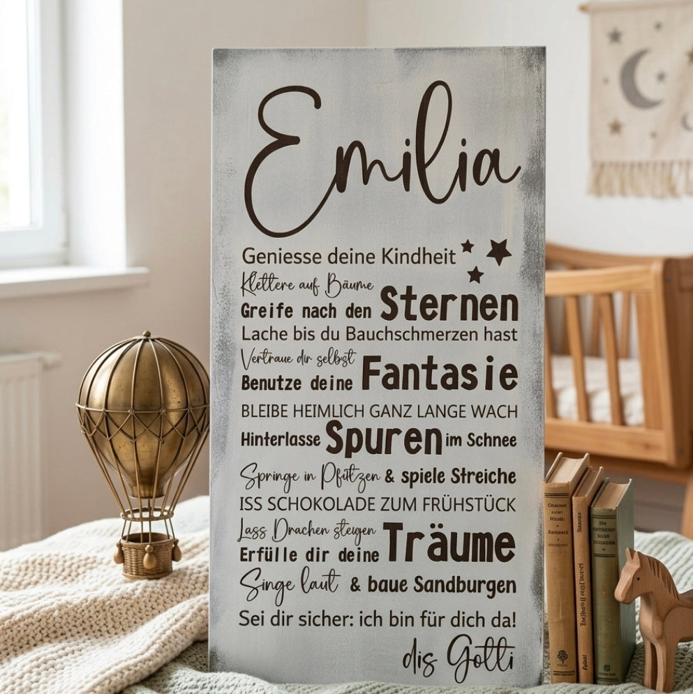 Personalisiertes Kinderschild Shabby Chic mit Name „Emilia" und Kindheitswünschen, lasergraviert auf Holz, handgefertigt in der Schweiz – Geschenk zur Taufe oder Geburt von dem Gotti