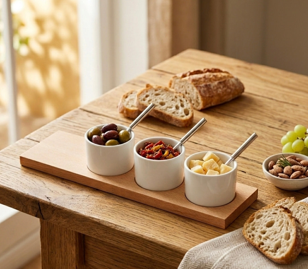 Dreiteiliges Servierset bestehend aus weißen Keramikschalen mit Edelstahl-Löffeln auf einem Tablett aus hellem Buchenholz, minimalistisches Design für Dips und Gewürze.