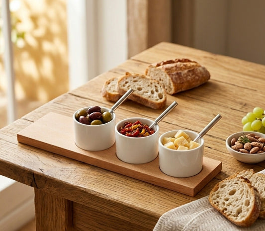 Dreiteiliges Servierset bestehend aus weißen Keramikschalen mit Edelstahl-Löffeln auf einem Tablett aus hellem Buchenholz, minimalistisches Design für Dips und Gewürze.