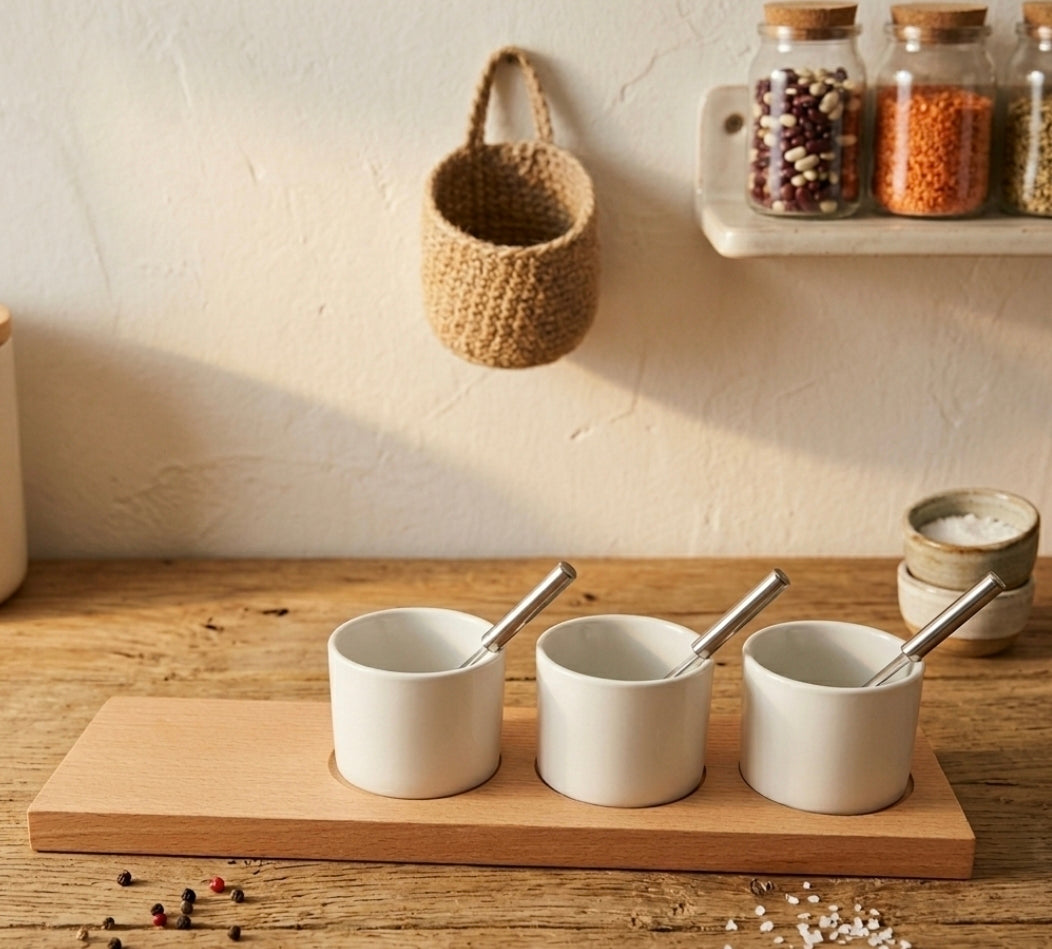 Dreiteiliges Servierset bestehend aus weißen Keramikschalen mit Edelstahl-Löffeln auf einem Tablett aus hellem Buchenholz, minimalistisches Design für Dips und Gewürze.