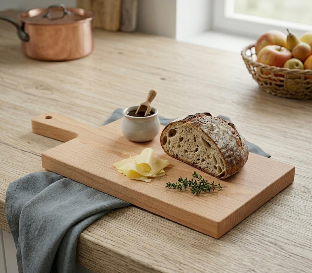 Unbehandeltes Holzbrett aus Buchenholz mit Griff als DIY-Basis oder Rohling für Brandmalerei und Lasergravur – Rechteckiges Küchenbrett in hellem Naturholz.