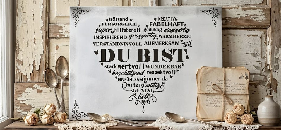 Schild mit Wortwolke-Herz und Spruch ‚DU BIST‘ – Romantisches Geschenk mit Komplimenten wie ‚Wunderbar‘, ‚Wertvoll‘ und ‚Einzigartig‘. Grauer Shabby-Chic-Hintergrund.