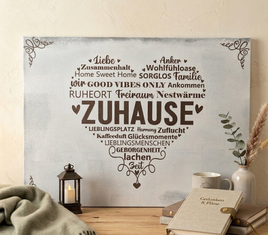 Handgefertigtes Holzschild Zuhause im Shabby Chic Stil, 40 x 30 cm, mit Herzform-Wortcollage, von Brandmalerei Gwerder