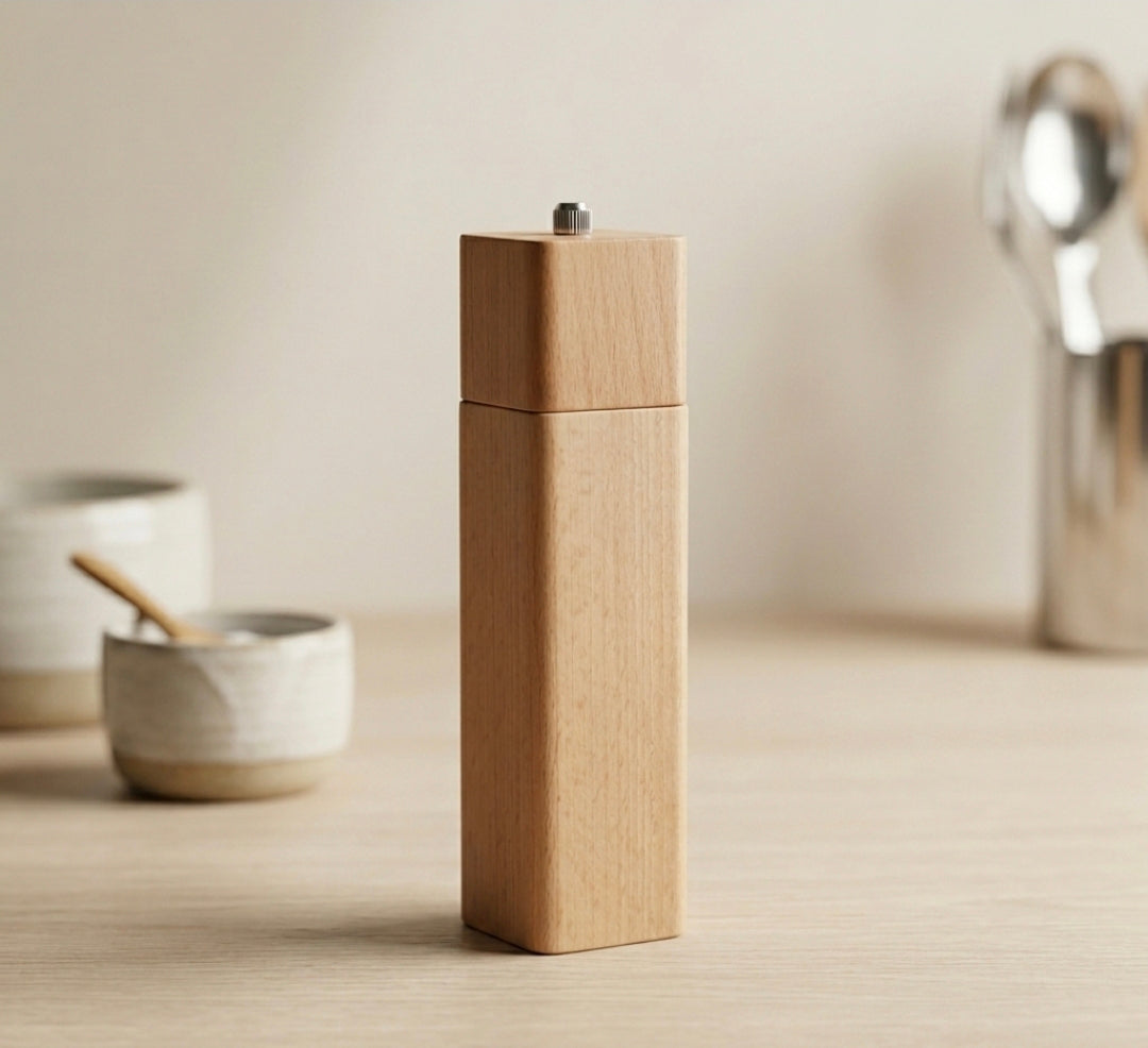 Moderne quadratische Pfeffermühle aus hellem Buchenholz mit silberner Einstellschraube, minimalistisches Küchendesign auf hellem Untergrund ohne Gravur.