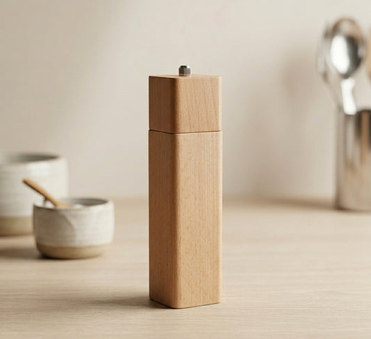 Moderne quadratische Pfeffermühle aus hellem Buchenholz mit silberner Einstellschraube, minimalistisches Küchendesign auf hellem Untergrund ohne Gravur.