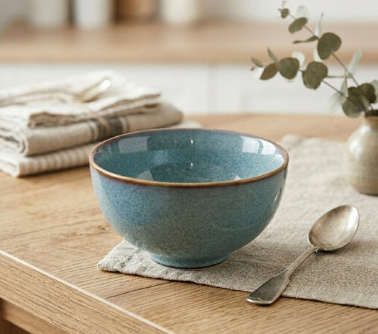 Steingut-Schale Montagna Ø 15 cm in Blau-Grau mit Reactive Glaze auf Holztisch – handgefertigtes Geschirr, Unikat aus der Schweiz