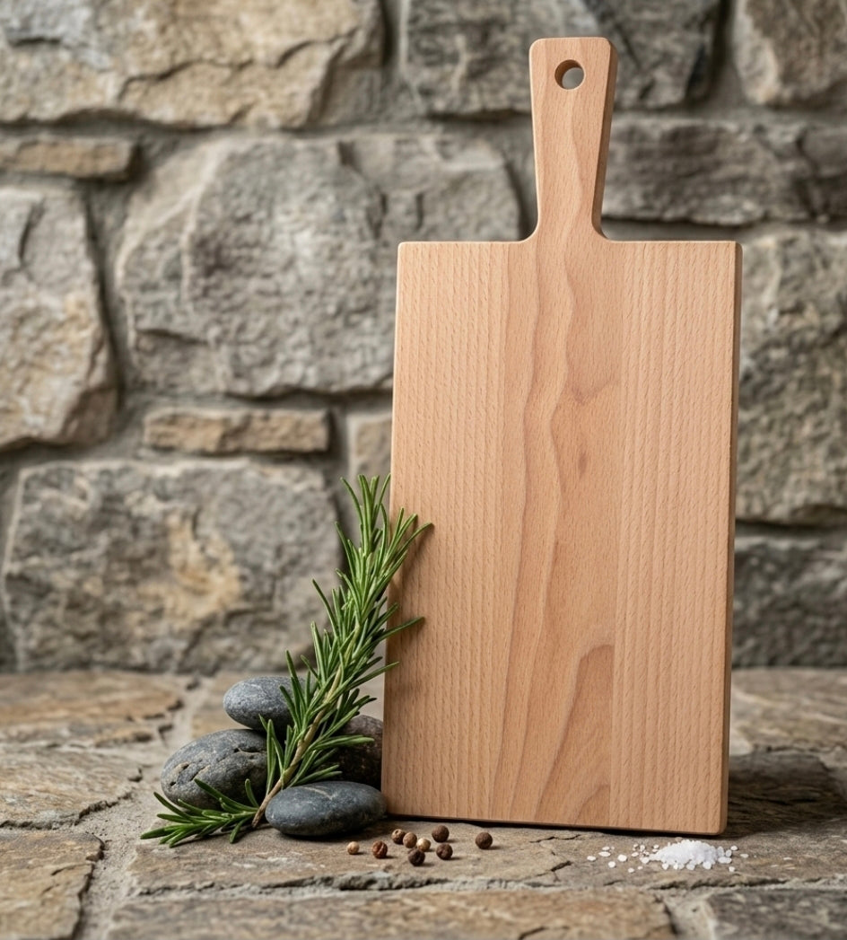 Unbehandeltes Holzbrett aus Buchenholz mit Griff als DIY-Basis oder Rohling für Brandmalerei und Lasergravur – Rechteckiges Küchenbrett in hellem Naturholz.