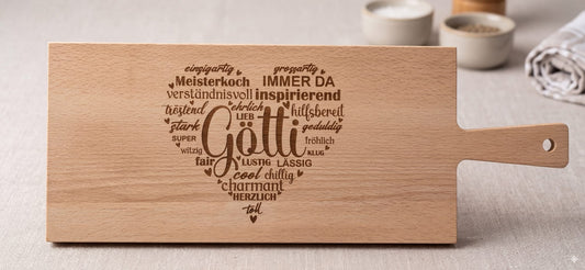 Holz-Schneidebrett aus Buche „Göttiherz / Gottiherz“ , 50 x 19 x 1.5 cm